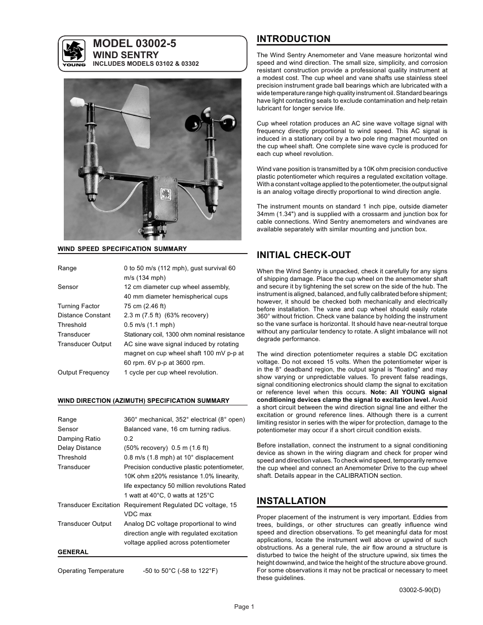 Wind sentry, Introduction, Initial check-out | Installation | Campbell Scientific 03002, 03101, and 03301 R. M. Young Wind Sentry Sensors User Manual | Page 34 / 40