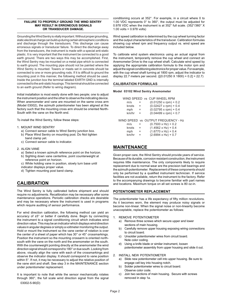 Calibration, Maintenance | Campbell Scientific 03002, 03101, and 03301 R. M. Young Wind Sentry Sensors User Manual | Page 35 / 40