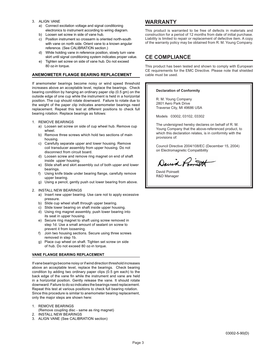 Warranty, Ce compliance | Campbell Scientific 03002, 03101, and 03301 R. M. Young Wind Sentry Sensors User Manual | Page 36 / 40