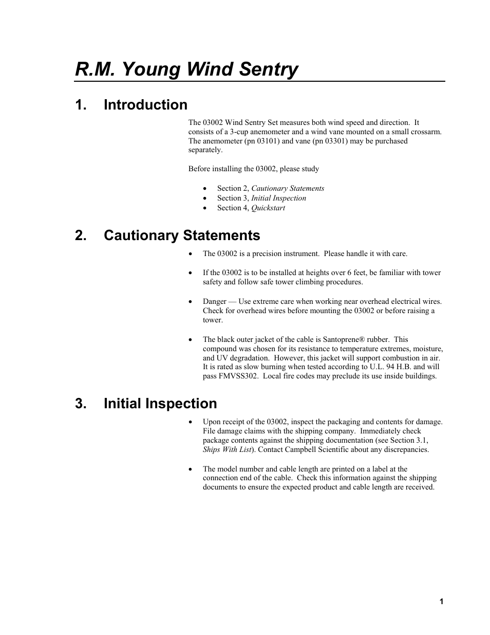 Introduction, Cautionary statements, Initial inspection | R.m. young wind sentry | Campbell Scientific 03002, 03101, and 03301 R. M. Young Wind Sentry Sensors User Manual | Page 7 / 40