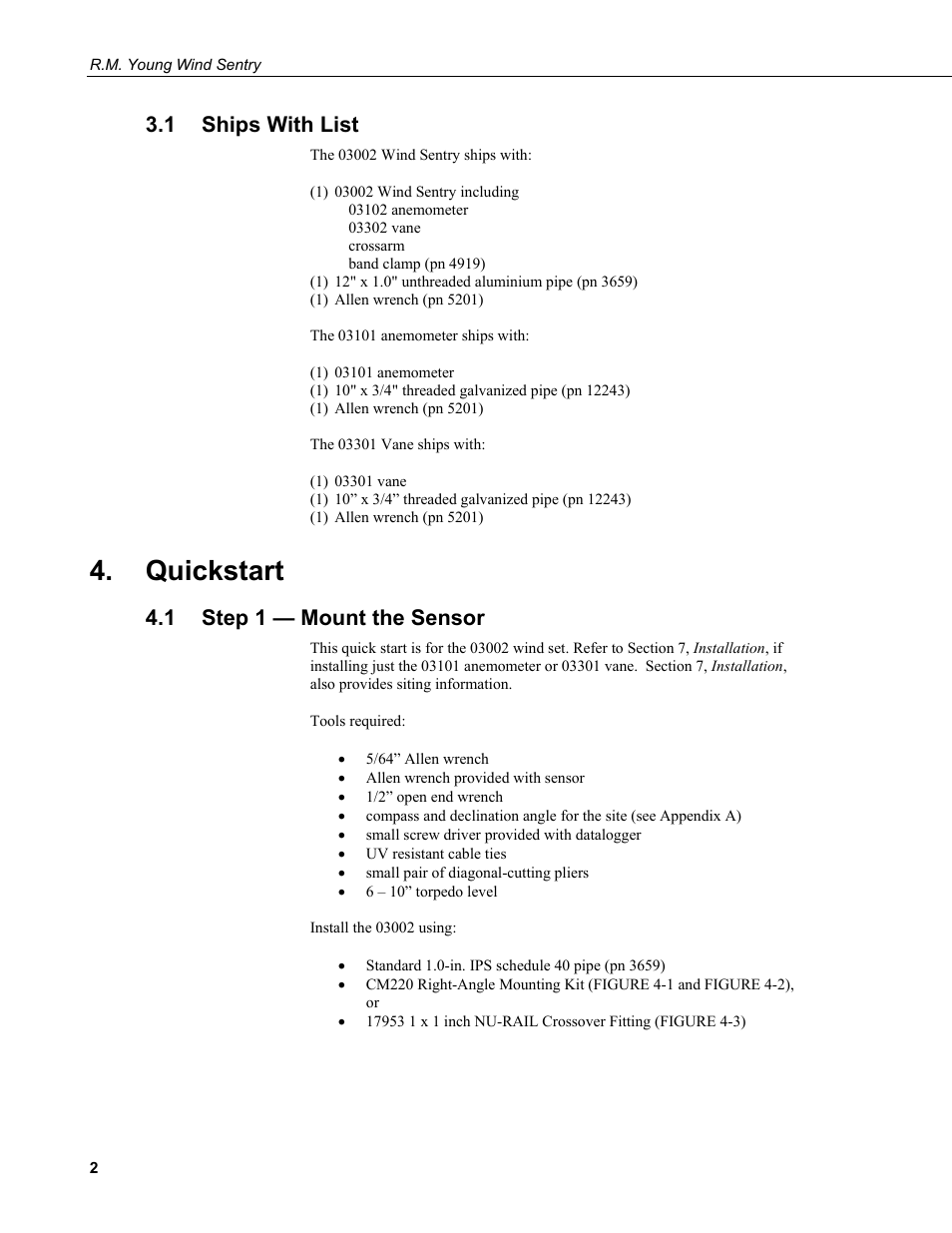 1 ships with list, Quickstart, 1 step 1 — mount the sensor | Ships with list, Step 1 — mount the sensor | Campbell Scientific 03002, 03101, and 03301 R. M. Young Wind Sentry Sensors User Manual | Page 8 / 40
