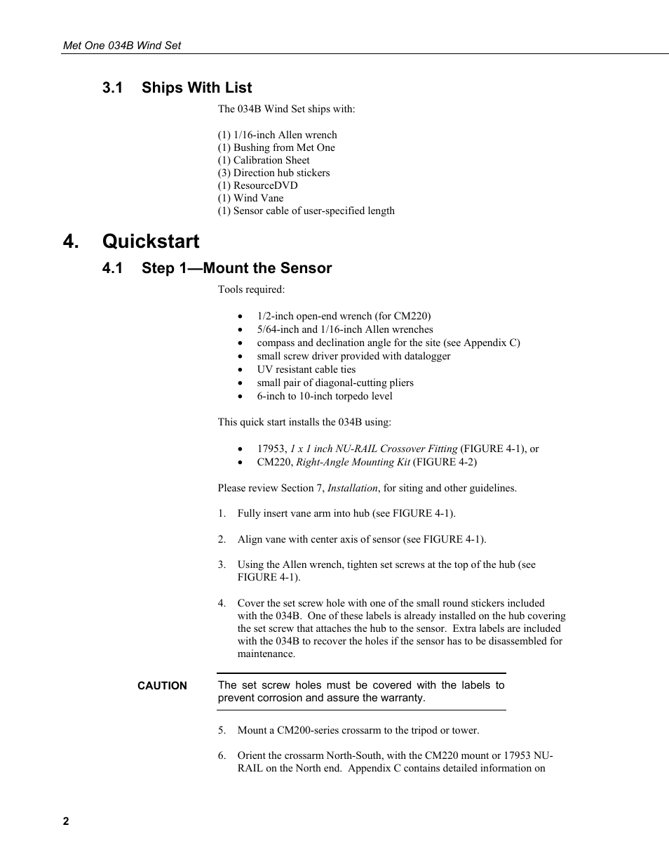 1 ships with list, Quickstart, 1 step 1—mount the sensor | Ships with list, Step 1—mount the sensor | Campbell Scientific 034B-L Met One Windset User Manual | Page 10 / 34