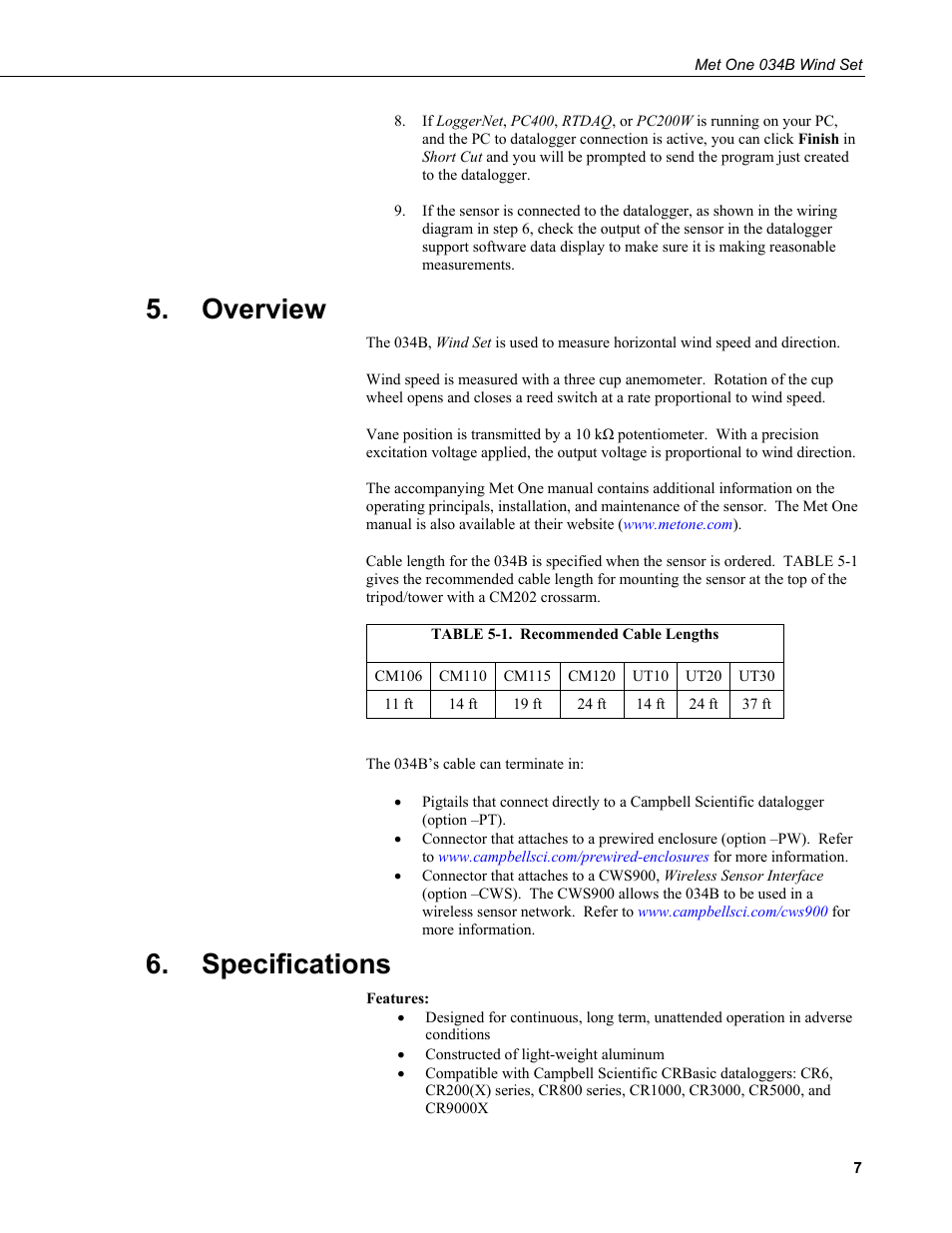 Overview, Specifications, 1. recommended cable lengths | Campbell Scientific 034B-L Met One Windset User Manual | Page 15 / 34