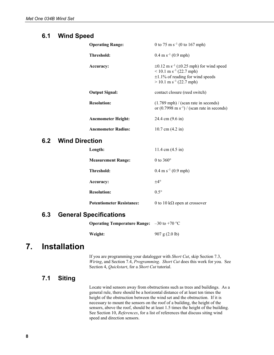 1 wind speed, 2 wind direction, 3 general specifications | Installation, 1 siting, Wind speed, Wind direction, General specifications, Siting | Campbell Scientific 034B-L Met One Windset User Manual | Page 16 / 34