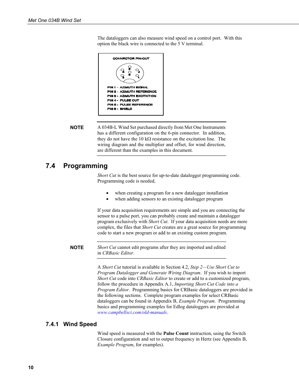 4 programming, 1 wind speed, Programming | Wind speed, On 7.4 | Campbell Scientific 034B-L Met One Windset User Manual | Page 18 / 34