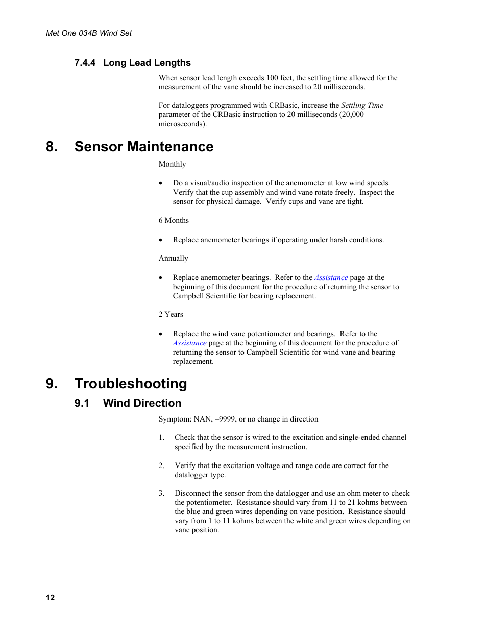 4 long lead lengths, Sensor maintenance, Troubleshooting | 1 wind direction, Long lead lengths, Wind direction | Campbell Scientific 034B-L Met One Windset User Manual | Page 20 / 34