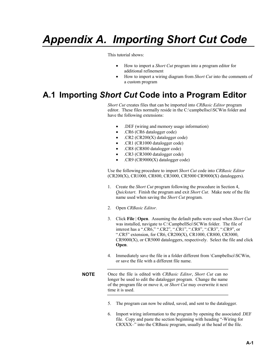 Appendix a. importing short cut code, A.1 importing short cut code into a program editor, Appendix a.1, importing short cut code into a | Program editor | Campbell Scientific 034B-L Met One Windset User Manual | Page 23 / 34