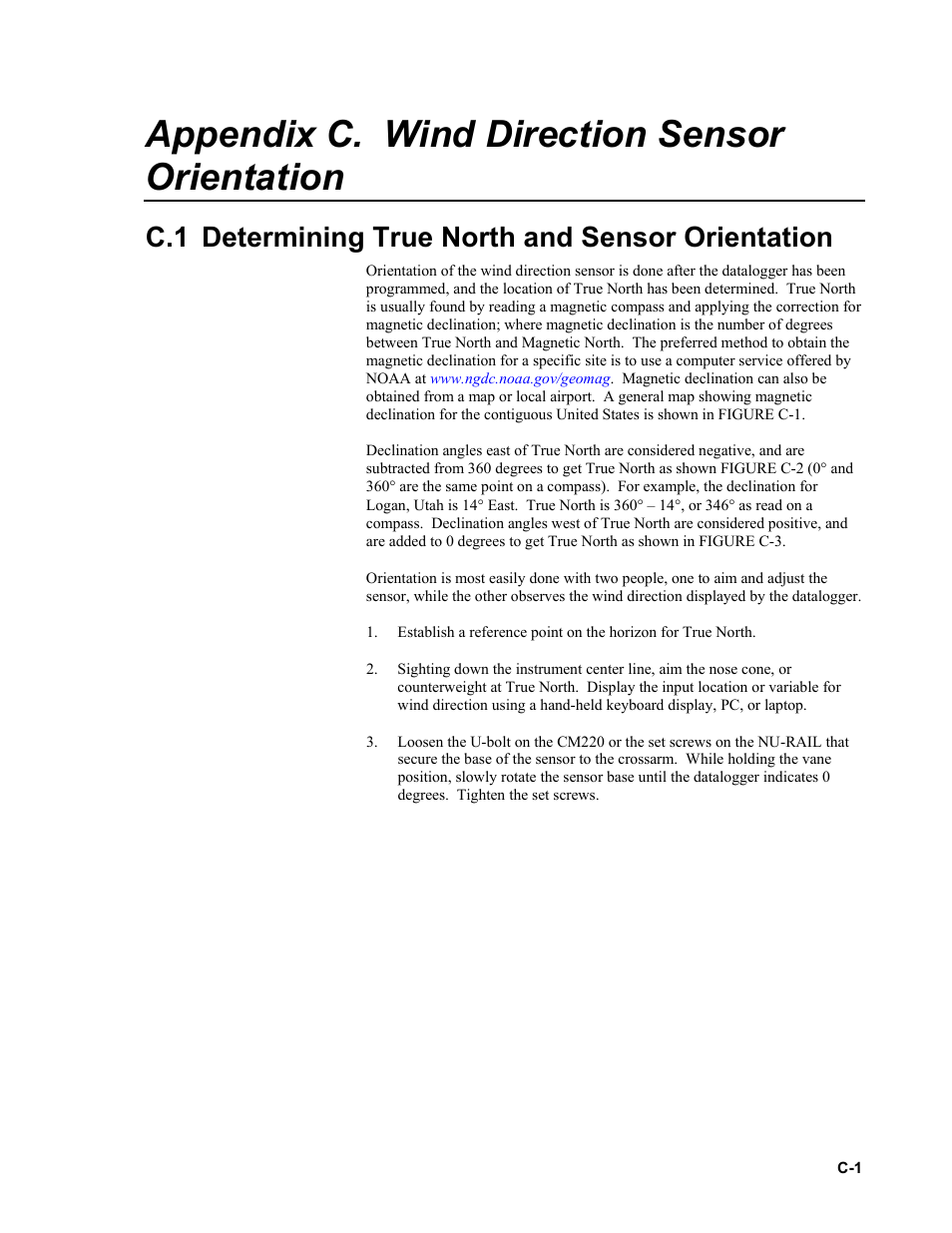 Appendix c. wind direction sensor orientation, C.1 determining true north and sensor orientation, Ee appendix c) | Appendix c, N appendix c | Campbell Scientific 034B-L Met One Windset User Manual | Page 27 / 34