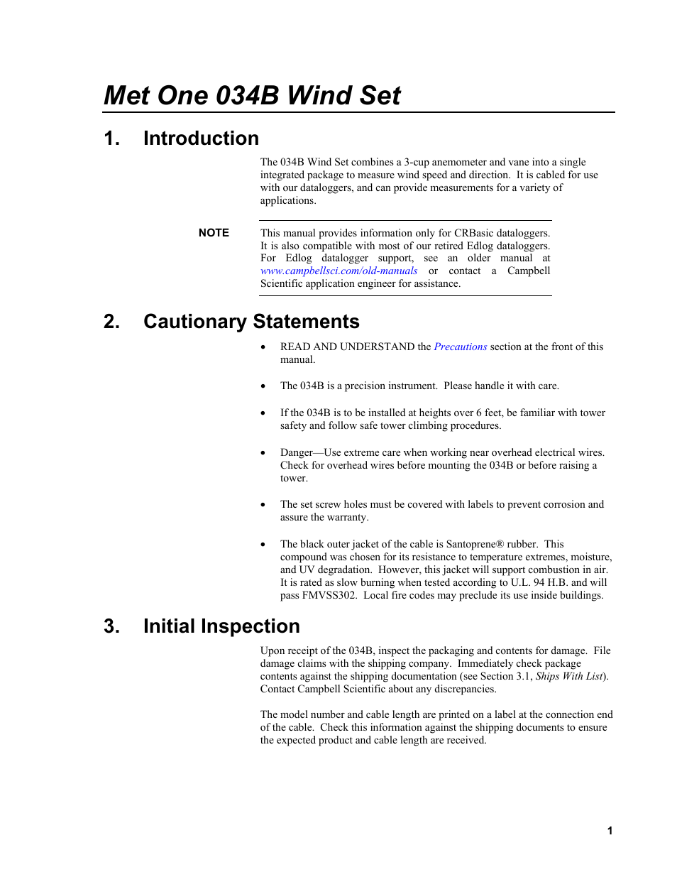 Introduction, Cautionary statements, Initial inspection | Met one 034b wind set | Campbell Scientific 034B-L Met One Windset User Manual | Page 9 / 34