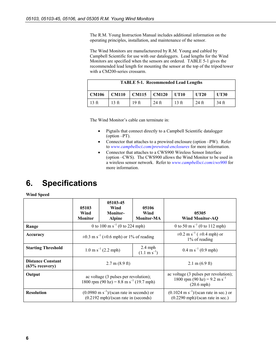 Specifications, 1. recommended lead lengths | Campbell Scientific 05103, 05103-45, 05106, and 05305 R. M. Young Wind Monitors User Manual | Page 12 / 30