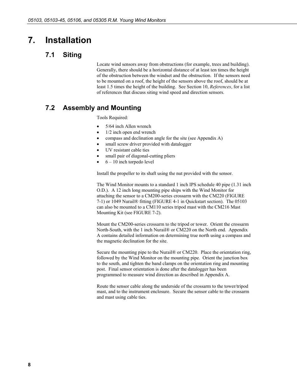 Installation, 1 siting, 2 assembly and mounting | Siting, Assembly and mounting | Campbell Scientific 05103, 05103-45, 05106, and 05305 R. M. Young Wind Monitors User Manual | Page 14 / 30