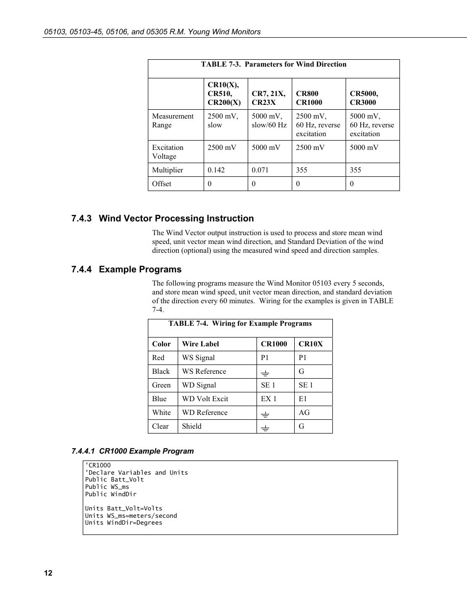 3 wind vector processing instruction, 4 example programs, 1 cr1000 example program | Wind vector processing instruction, Example programs, Cr1000 example program, 3. parameters, Wind direction, 4. wiring for example programs | Campbell Scientific 05103, 05103-45, 05106, and 05305 R. M. Young Wind Monitors User Manual | Page 18 / 30