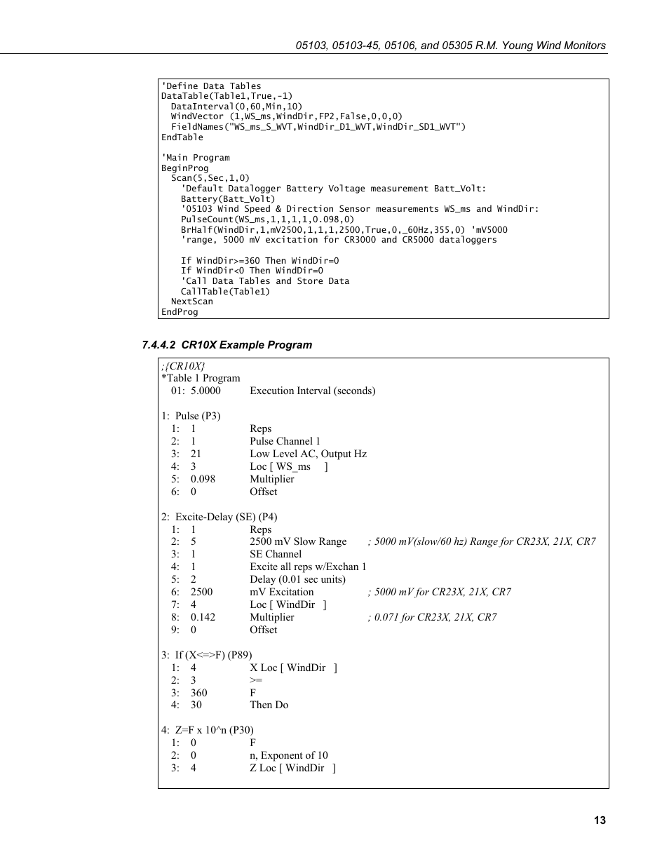2 cr10x example program, Cr10x example program | Campbell Scientific 05103, 05103-45, 05106, and 05305 R. M. Young Wind Monitors User Manual | Page 19 / 30