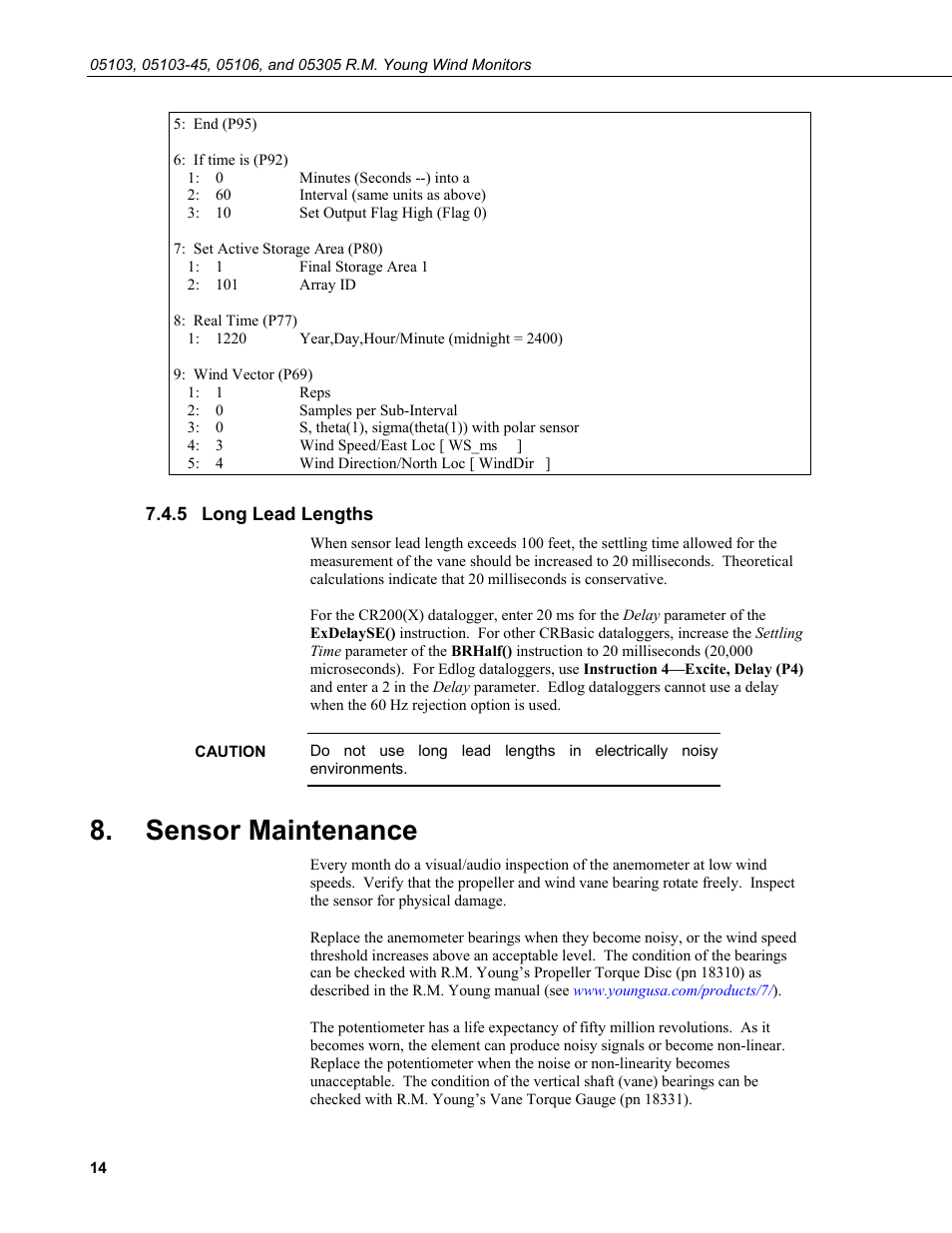 5 long lead lengths, Sensor maintenance, Long lead lengths | Campbell Scientific 05103, 05103-45, 05106, and 05305 R. M. Young Wind Monitors User Manual | Page 20 / 30