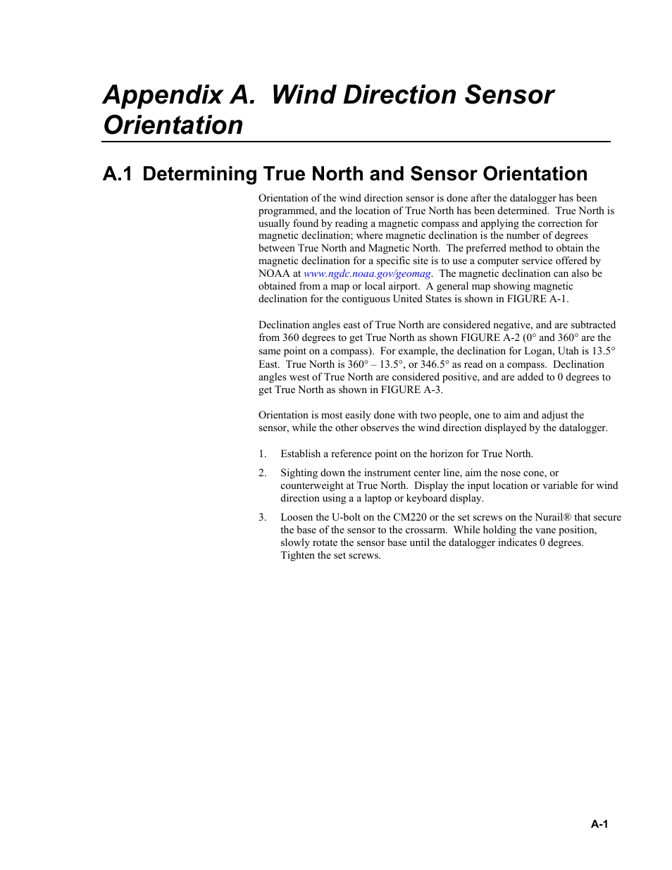 Appendix a. wind direction sensor orientation, A.1 determining true north and sensor orientation | Campbell Scientific 05103, 05103-45, 05106, and 05305 R. M. Young Wind Monitors User Manual | Page 23 / 30