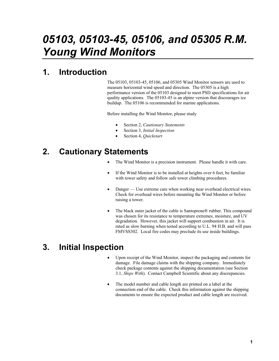 Introduction, Cautionary statements, Initial inspection | Campbell Scientific 05103, 05103-45, 05106, and 05305 R. M. Young Wind Monitors User Manual | Page 7 / 30
