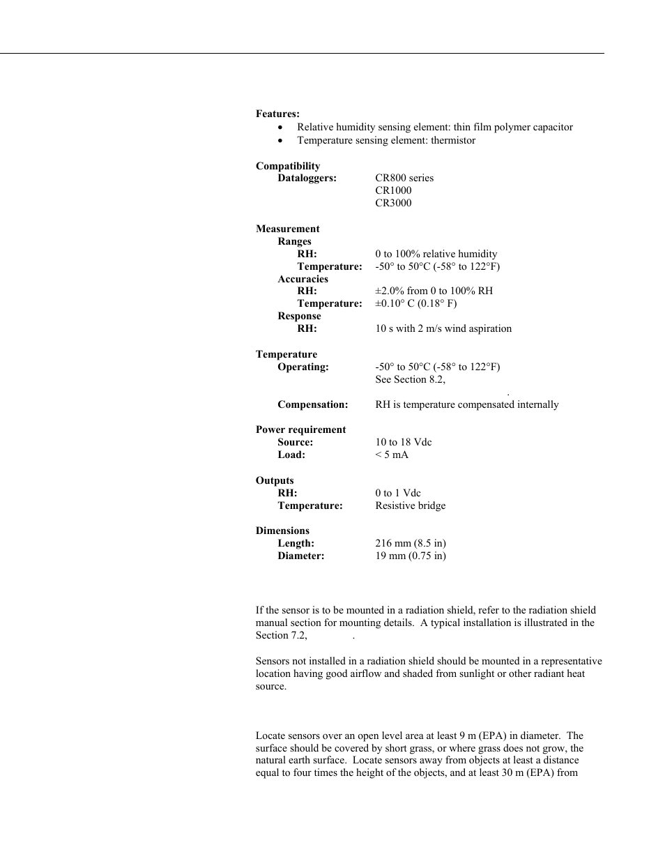 Specifications, Installation, 1 siting | Campbell Scientific 083E Relative Humidity and Temperature Sensor User Manual | Page 13 / 22