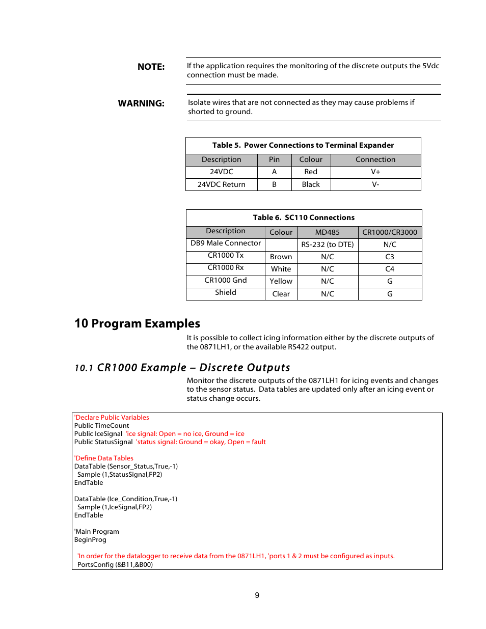10 program examples, Cr1000 example – discrete outputs | Campbell Scientific 0871LH1 Freezing Rain Sensor User Manual | Page 12 / 31