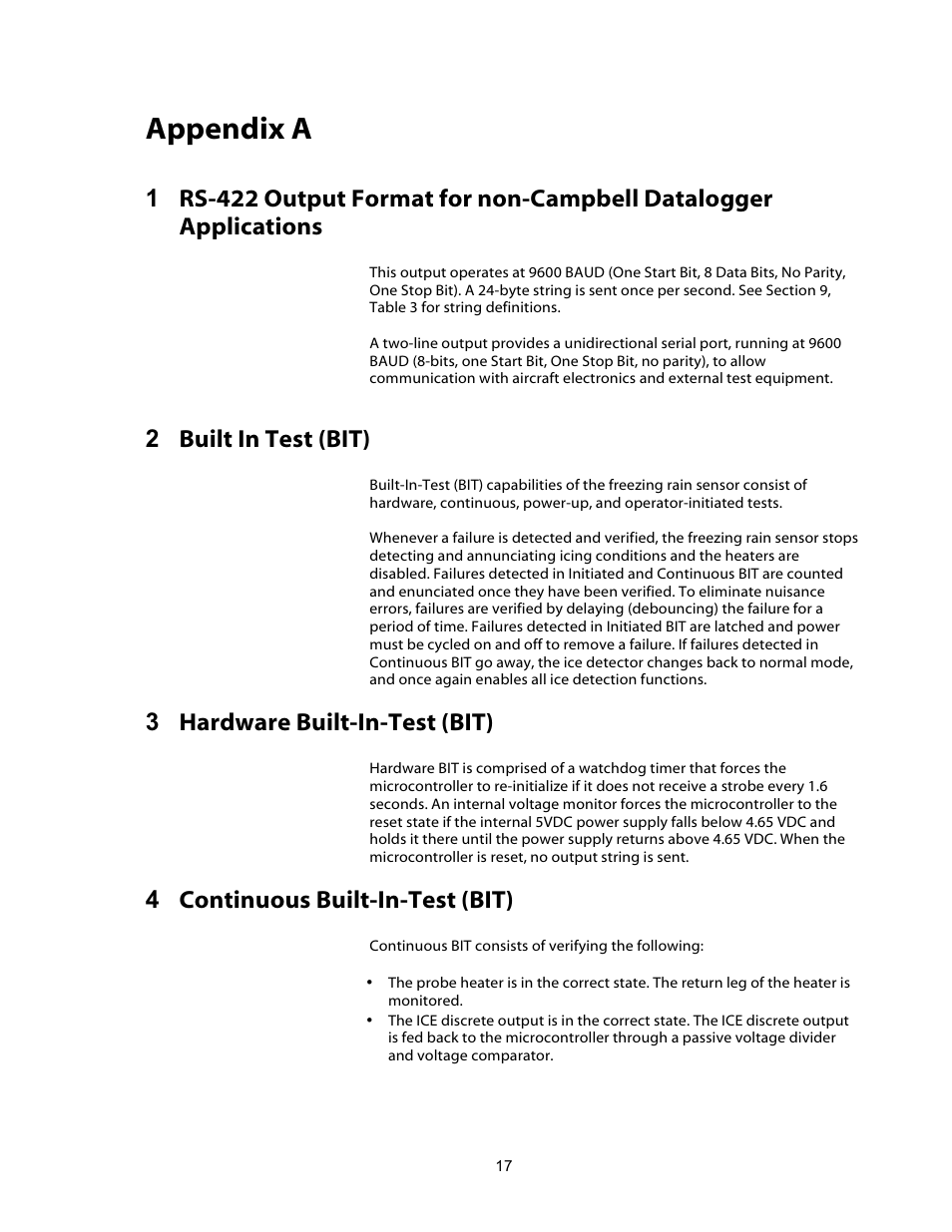 Appendix a, 2 built in test (bit), 3 hardware built-in-test (bit) | 4 continuous built-in-test (bit) | Campbell Scientific 0871LH1 Freezing Rain Sensor User Manual | Page 20 / 31