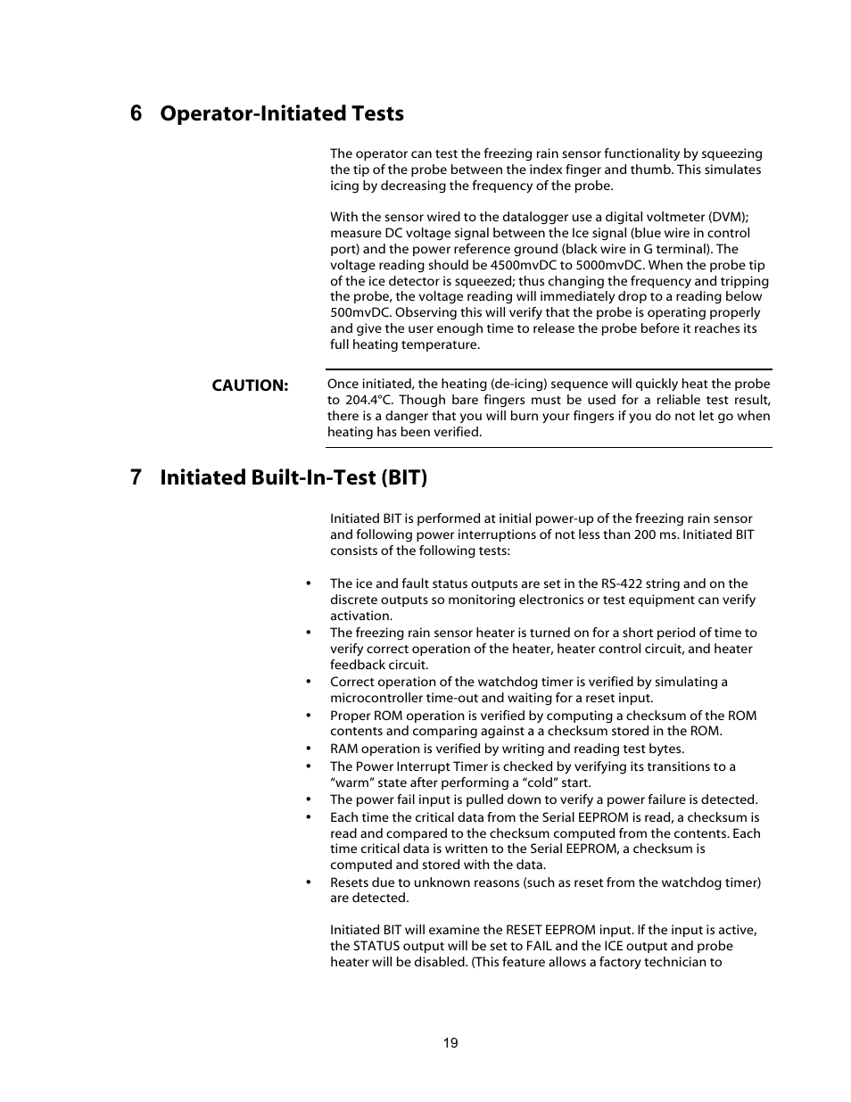 6 operator-initiated tests, 7 initiated built-in-test (bit) | Campbell Scientific 0871LH1 Freezing Rain Sensor User Manual | Page 22 / 31