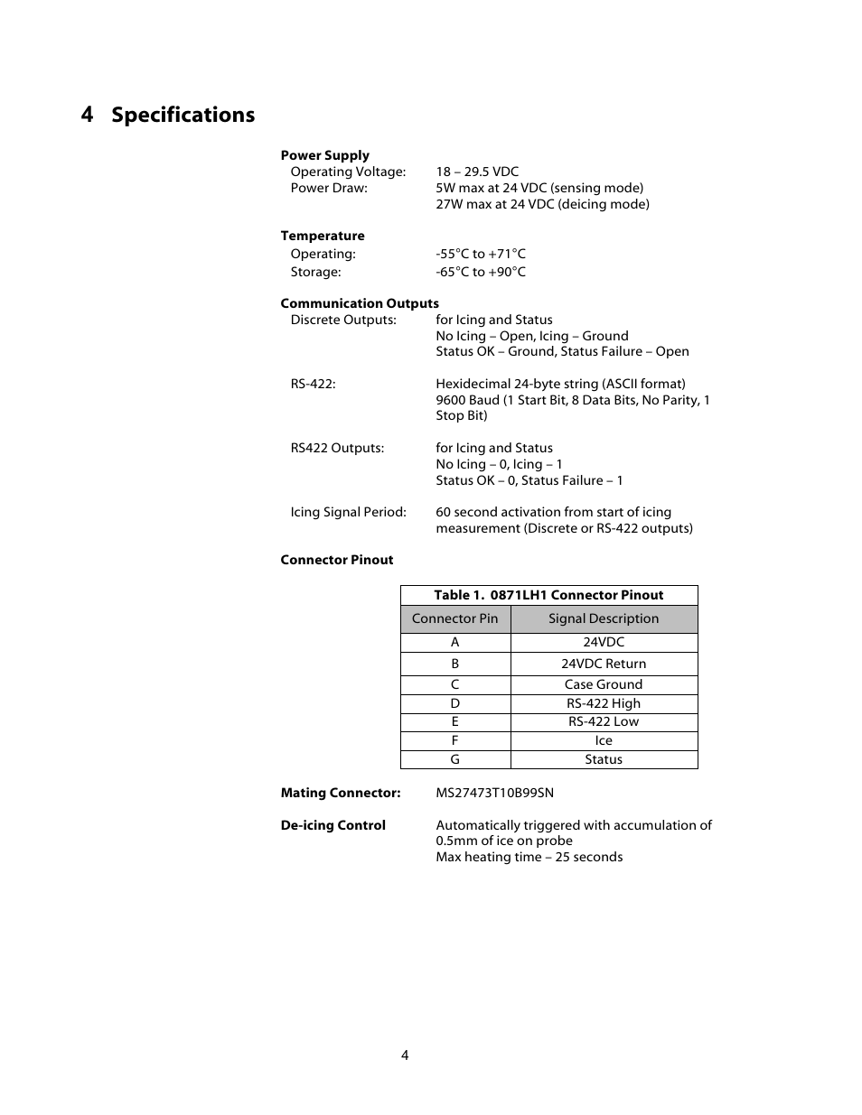 4 specifications | Campbell Scientific 0871LH1 Freezing Rain Sensor User Manual | Page 7 / 31