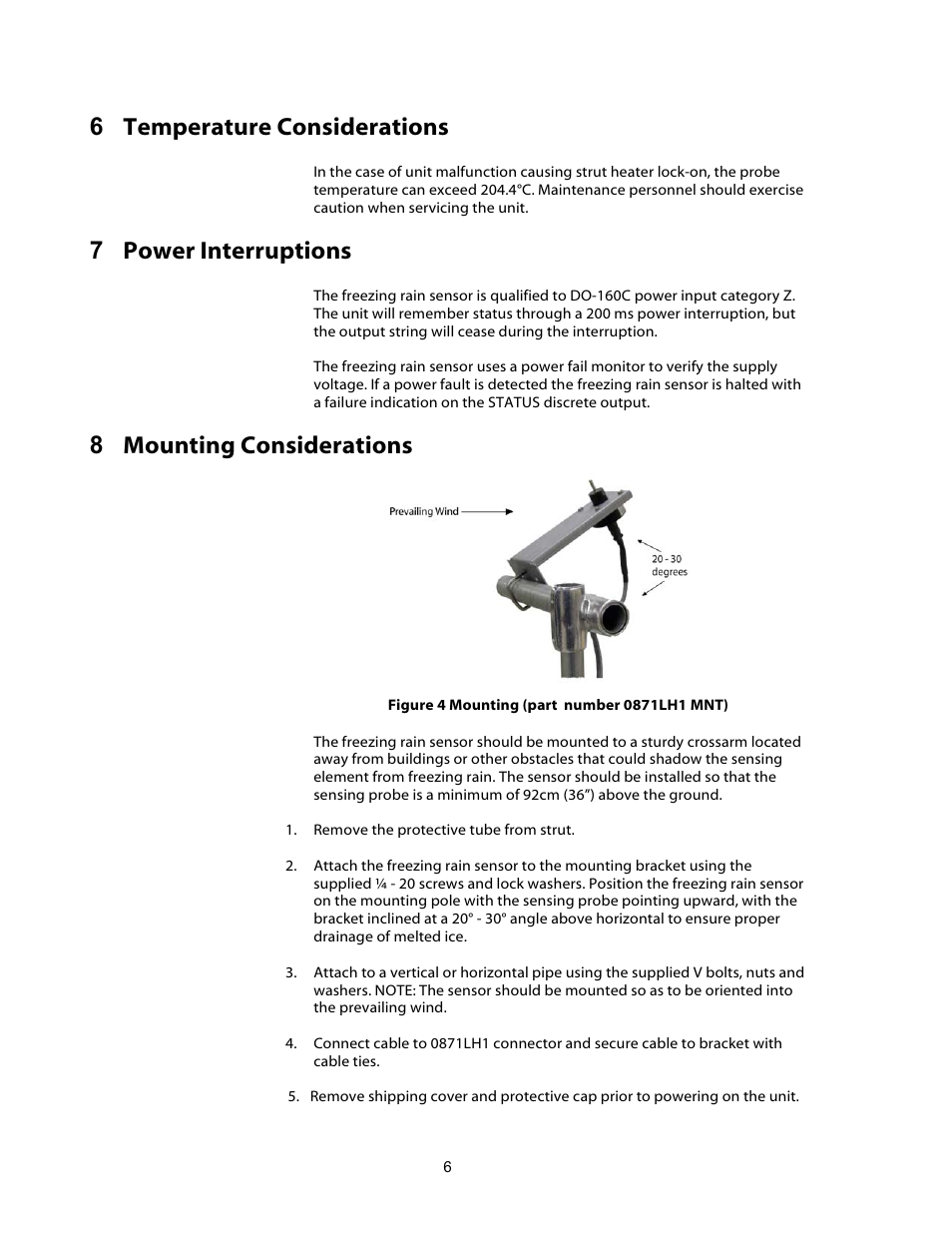 6 temperature considerations, 7 power interruptions, 8 mounting considerations | Campbell Scientific 0871LH1 Freezing Rain Sensor User Manual | Page 9 / 31