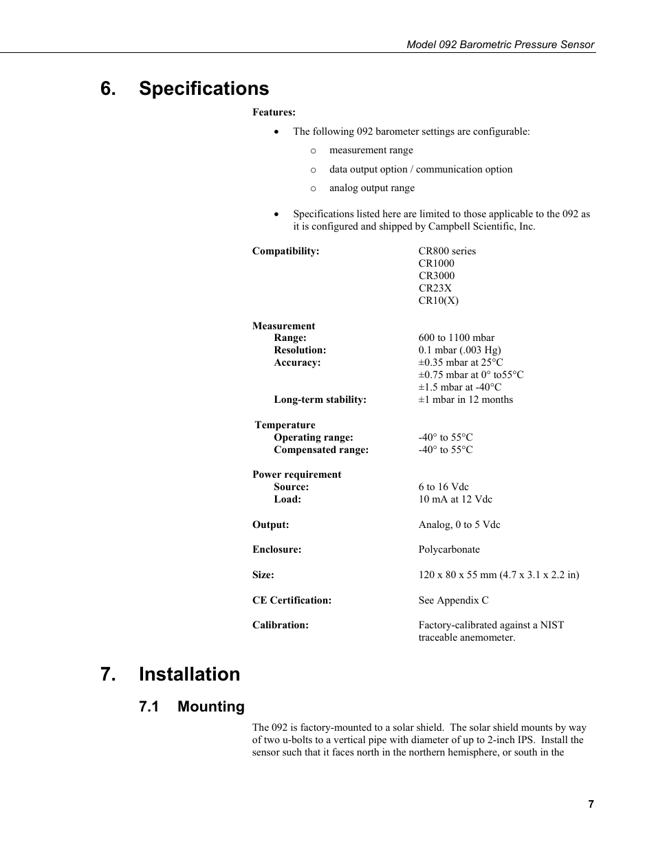 Specifications, Installation, 1 mounting | Mounting | Campbell Scientific 092 Barometric Pressure Sensor User Manual | Page 13 / 24