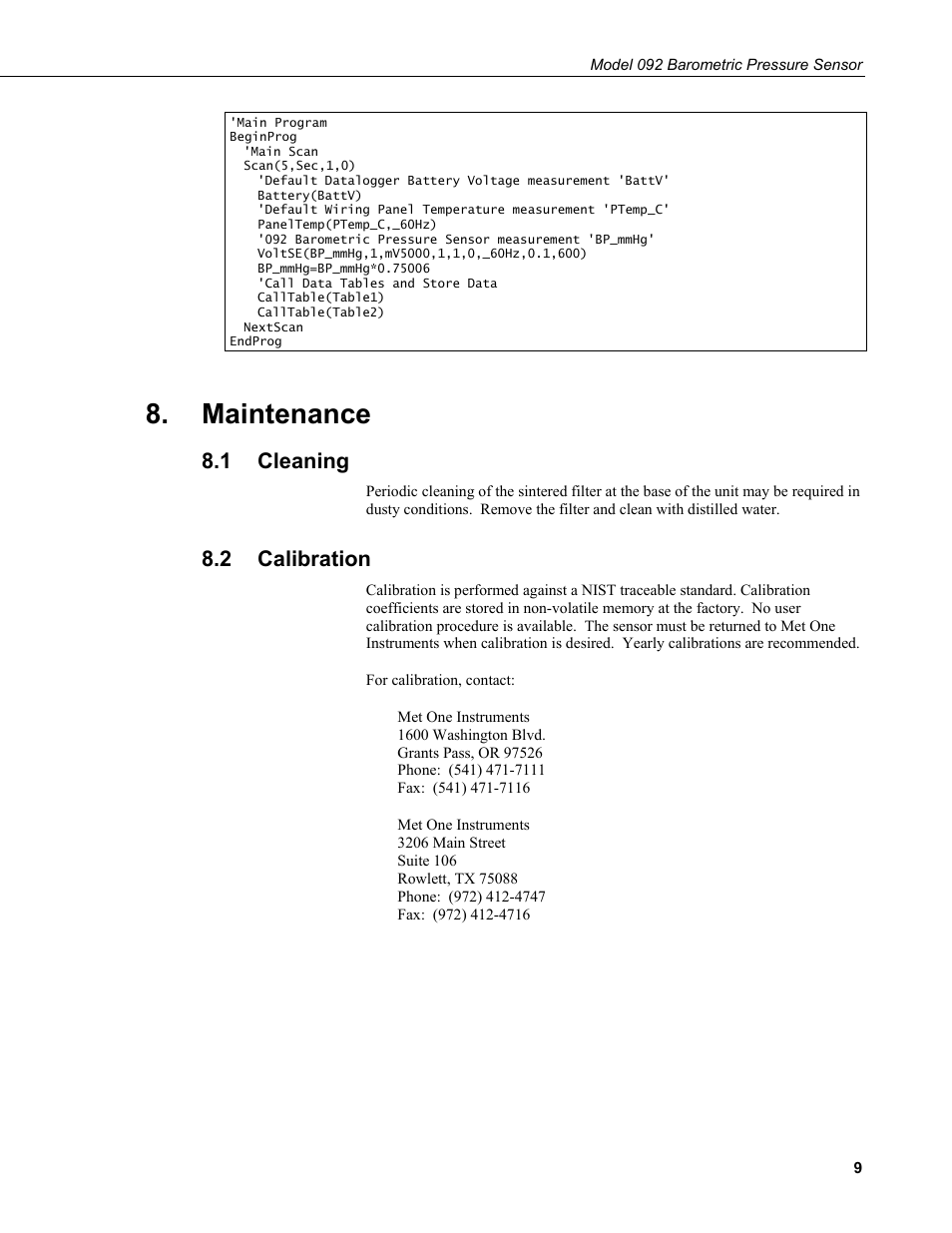 Maintenance, 1 cleaning, 2 calibration | Cleaning, Calibration | Campbell Scientific 092 Barometric Pressure Sensor User Manual | Page 15 / 24