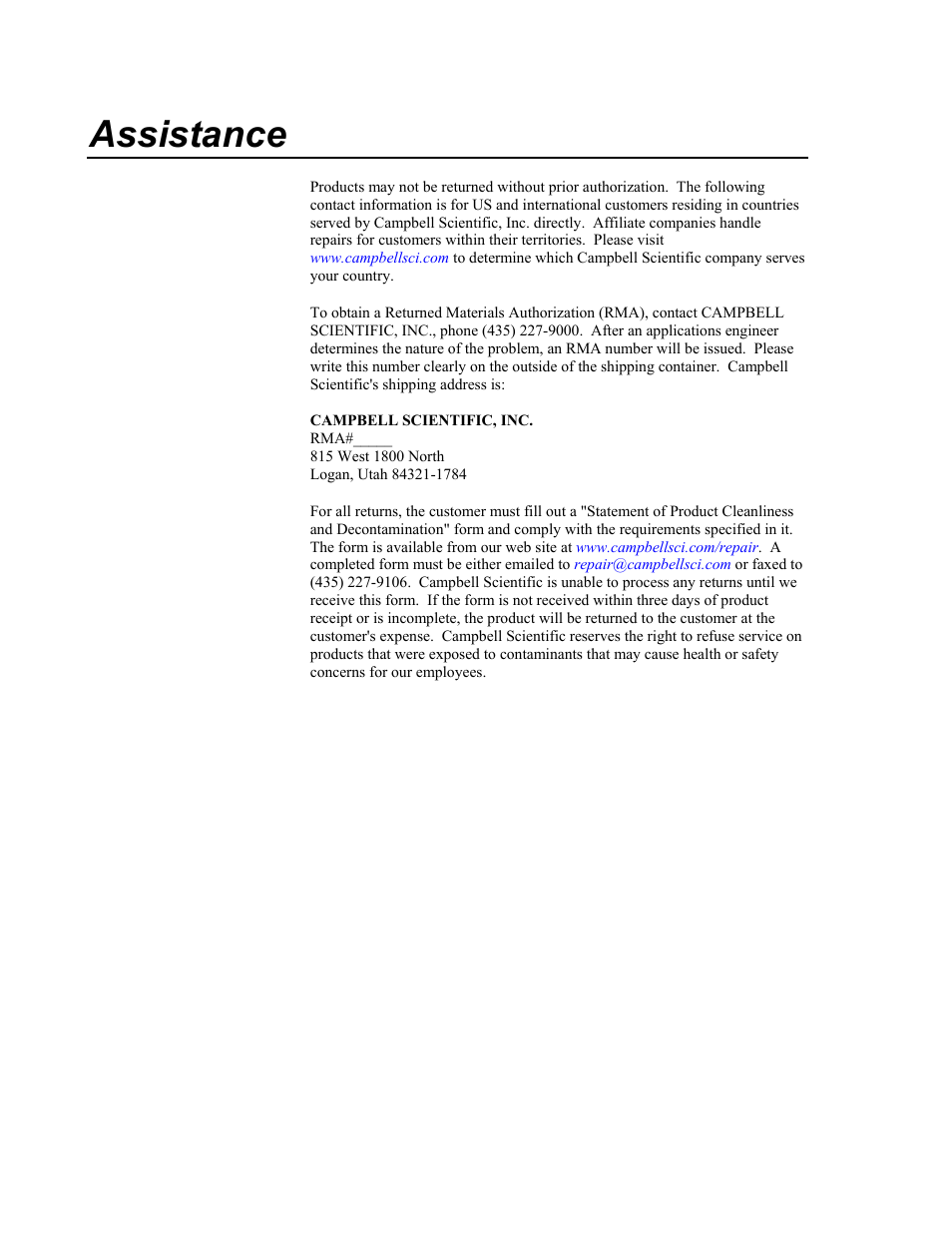 Assistance | Campbell Scientific 092 Barometric Pressure Sensor User Manual | Page 4 / 24