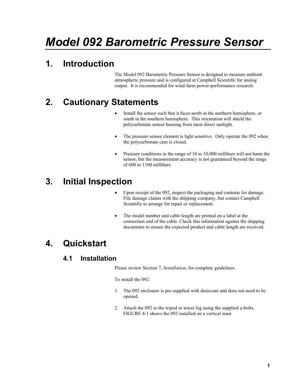 Introduction, Cautionary statements, Initial inspection | Quickstart, 1 installation, Installation, Model 092 barometric pressure sensor | Campbell Scientific 092 Barometric Pressure Sensor User Manual | Page 7 / 24