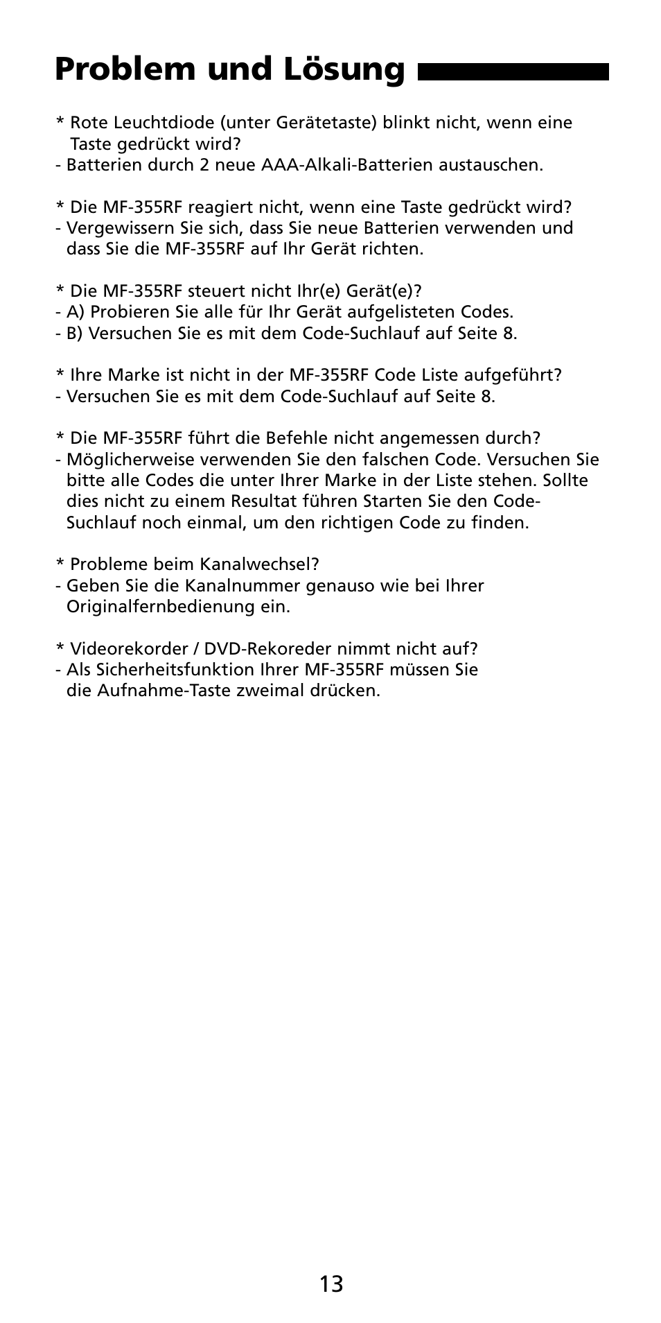 Problem und lösung | Aiwa MF 355RF User Manual | Page 14 / 74
