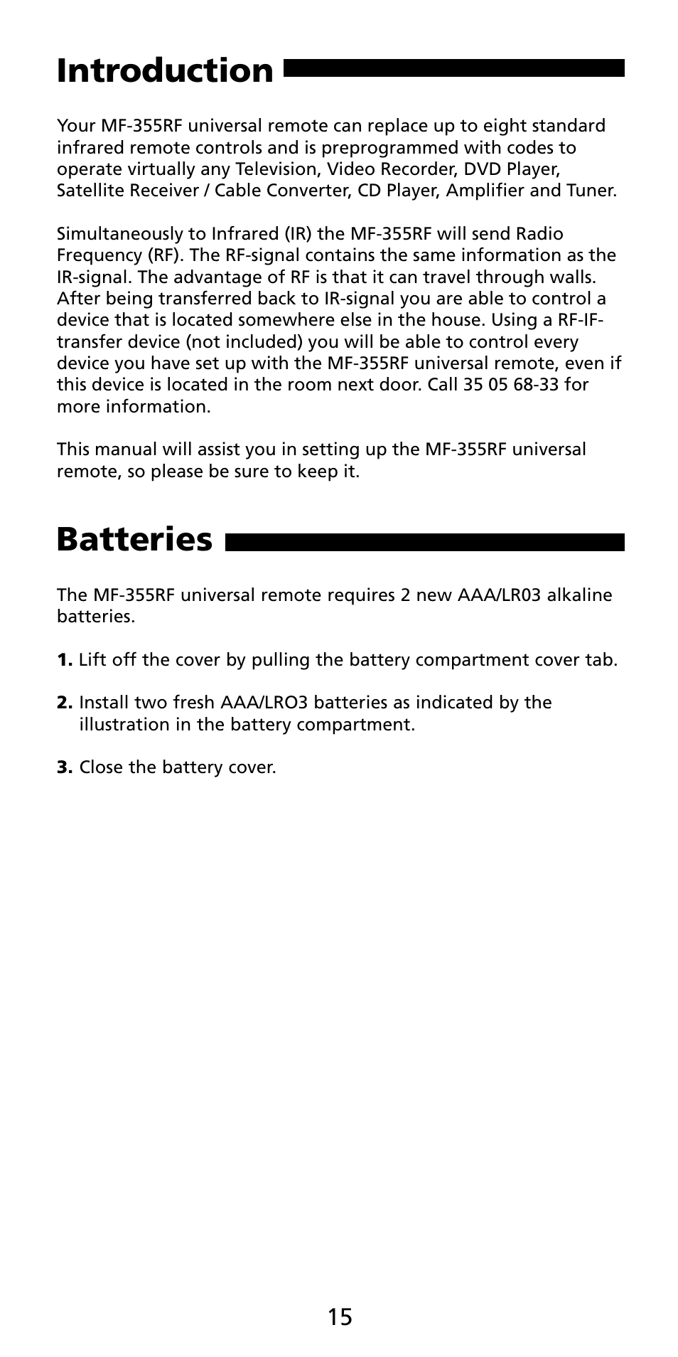 Introduction, Batteries | Aiwa MF 355RF User Manual | Page 16 / 74