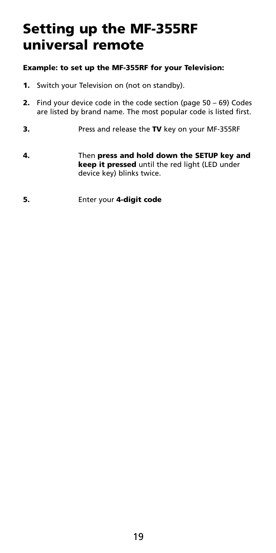 Setting up the mf-355rf universal remote | Aiwa MF 355RF User Manual | Page 20 / 74