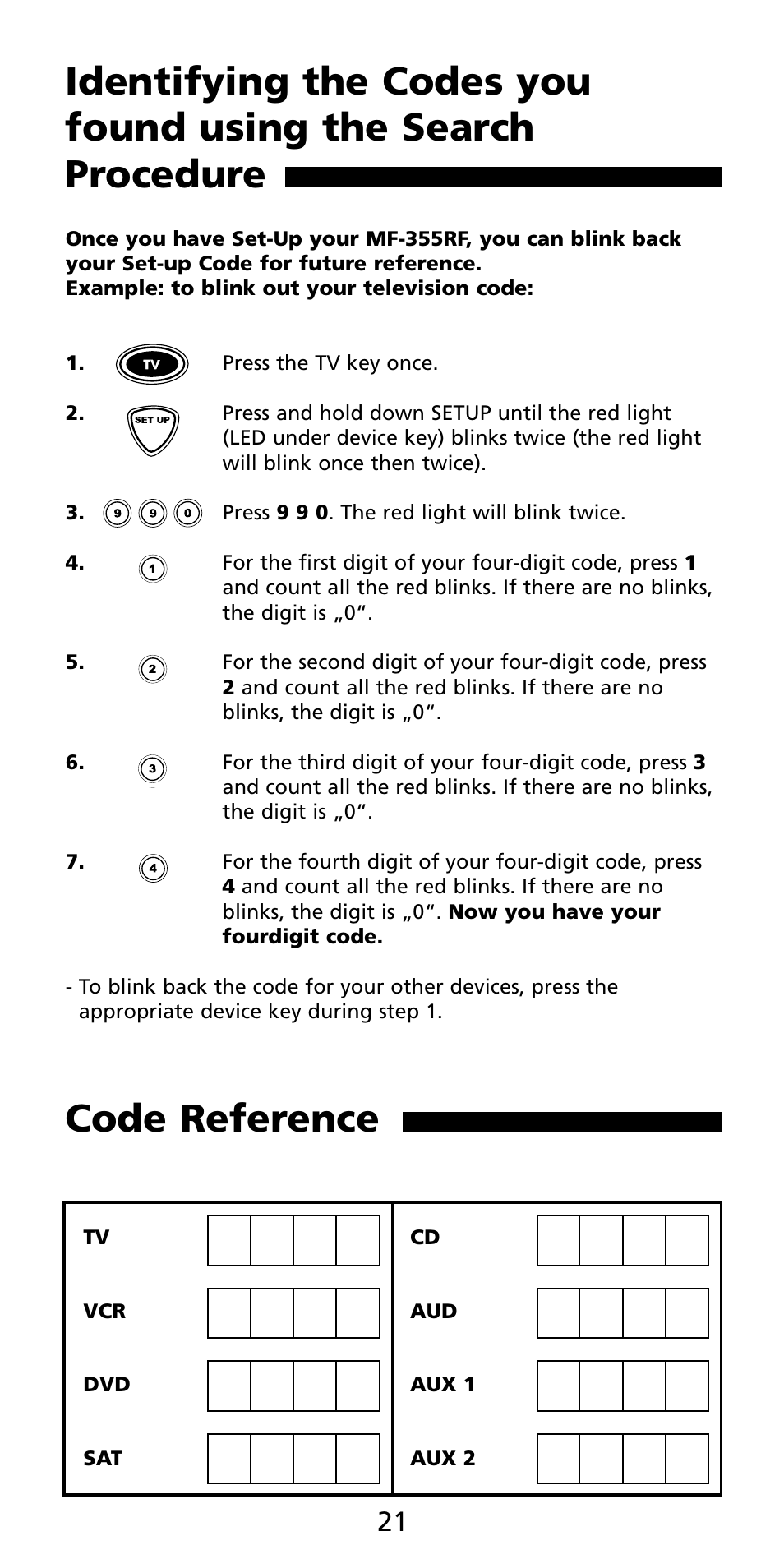 Code reference | Aiwa MF 355RF User Manual | Page 22 / 74