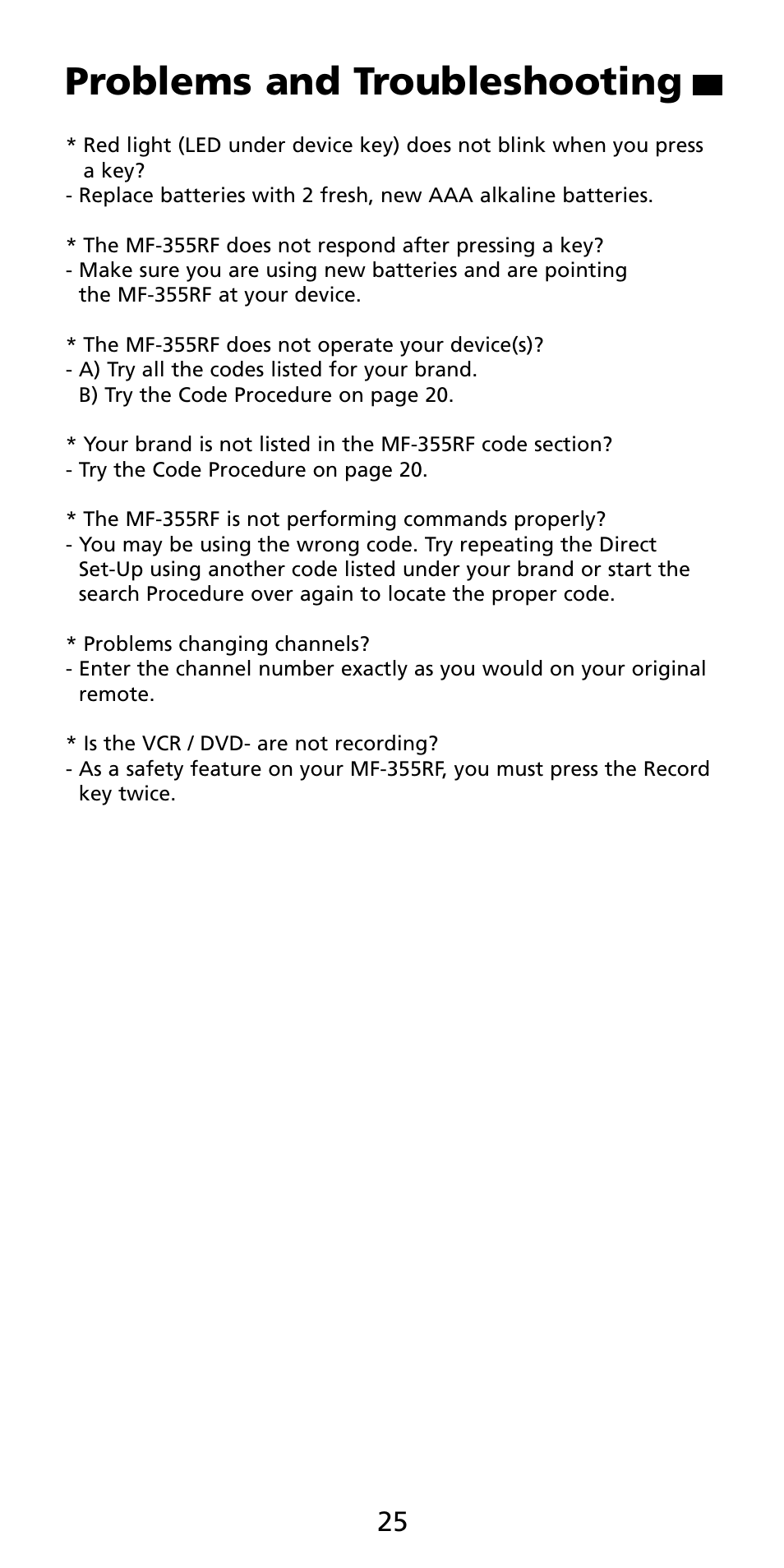Problems and troubleshooting | Aiwa MF 355RF User Manual | Page 26 / 74