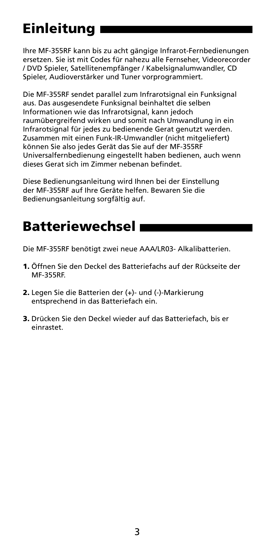 Einleitung, Batteriewechsel | Aiwa MF 355RF User Manual | Page 3 / 74