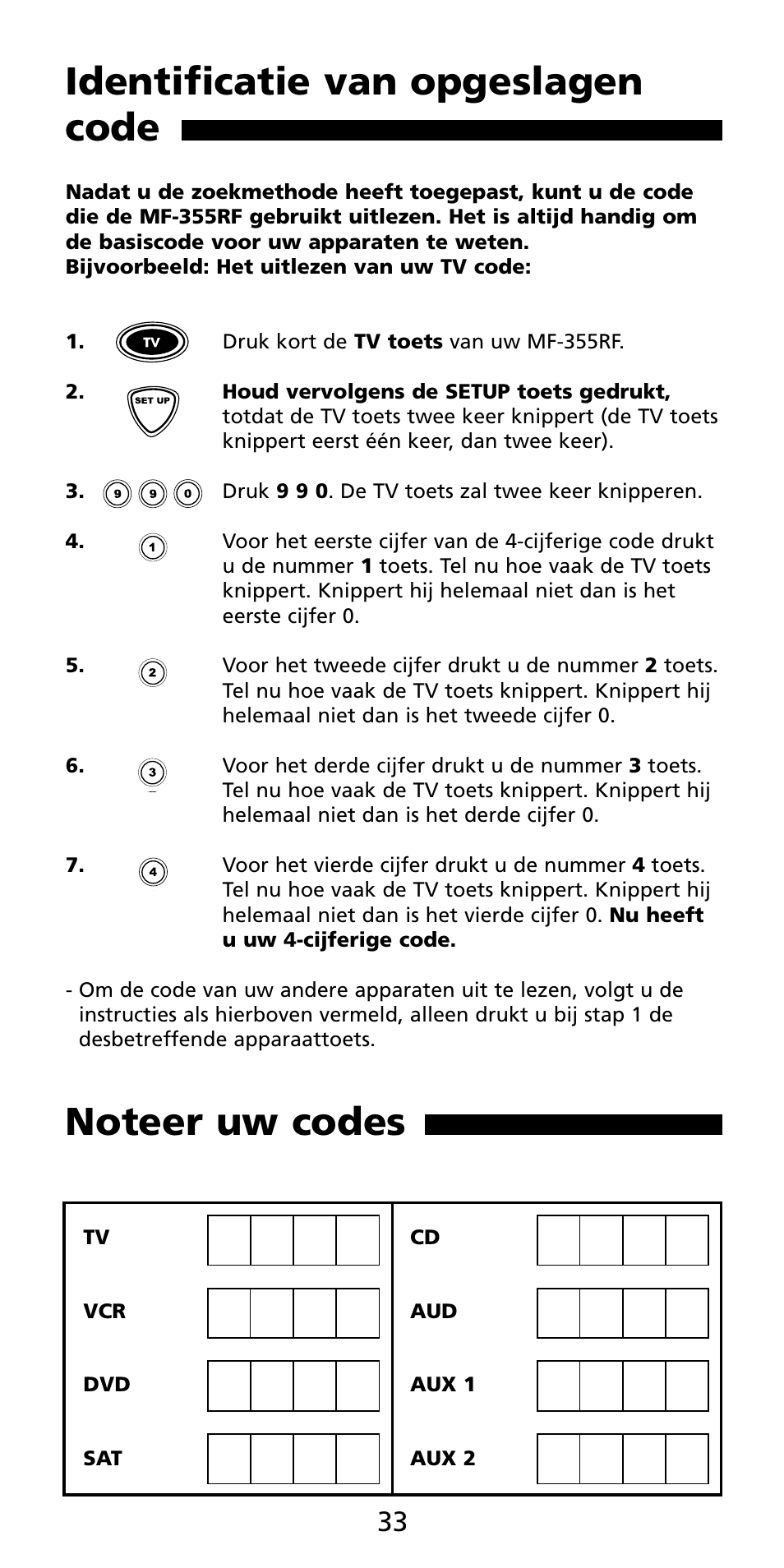 Identificatie van opgeslagen code | Aiwa MF 355RF User Manual | Page 34 / 74