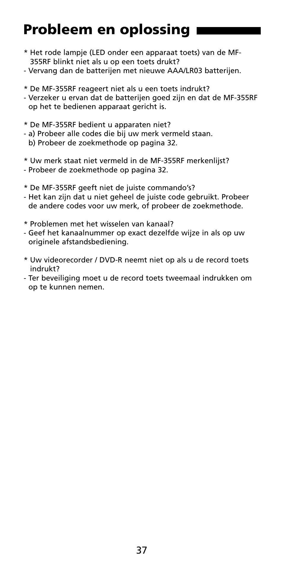 Probleem en oplossing | Aiwa MF 355RF User Manual | Page 38 / 74