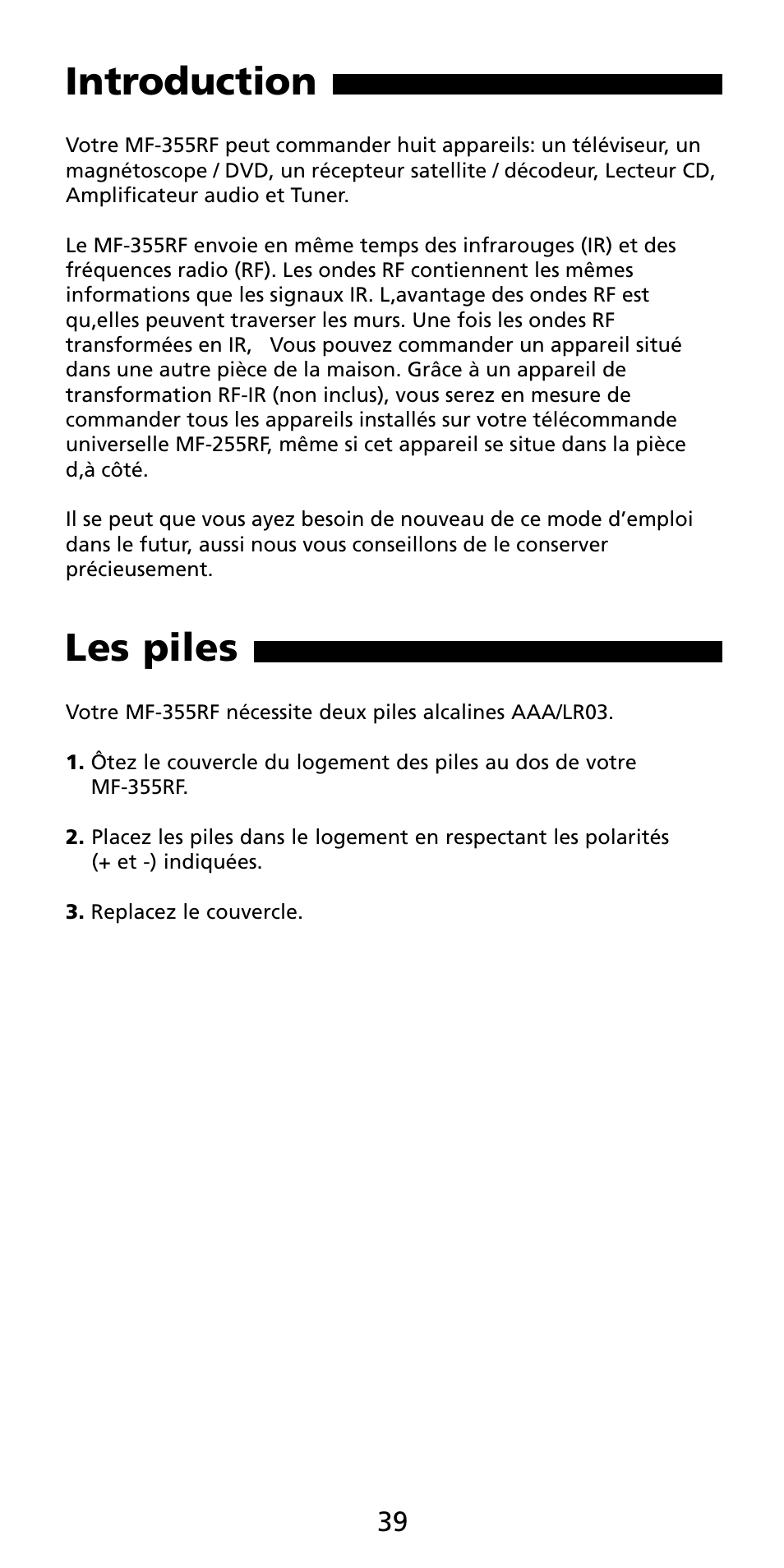 Introduction, Les piles | Aiwa MF 355RF User Manual | Page 40 / 74