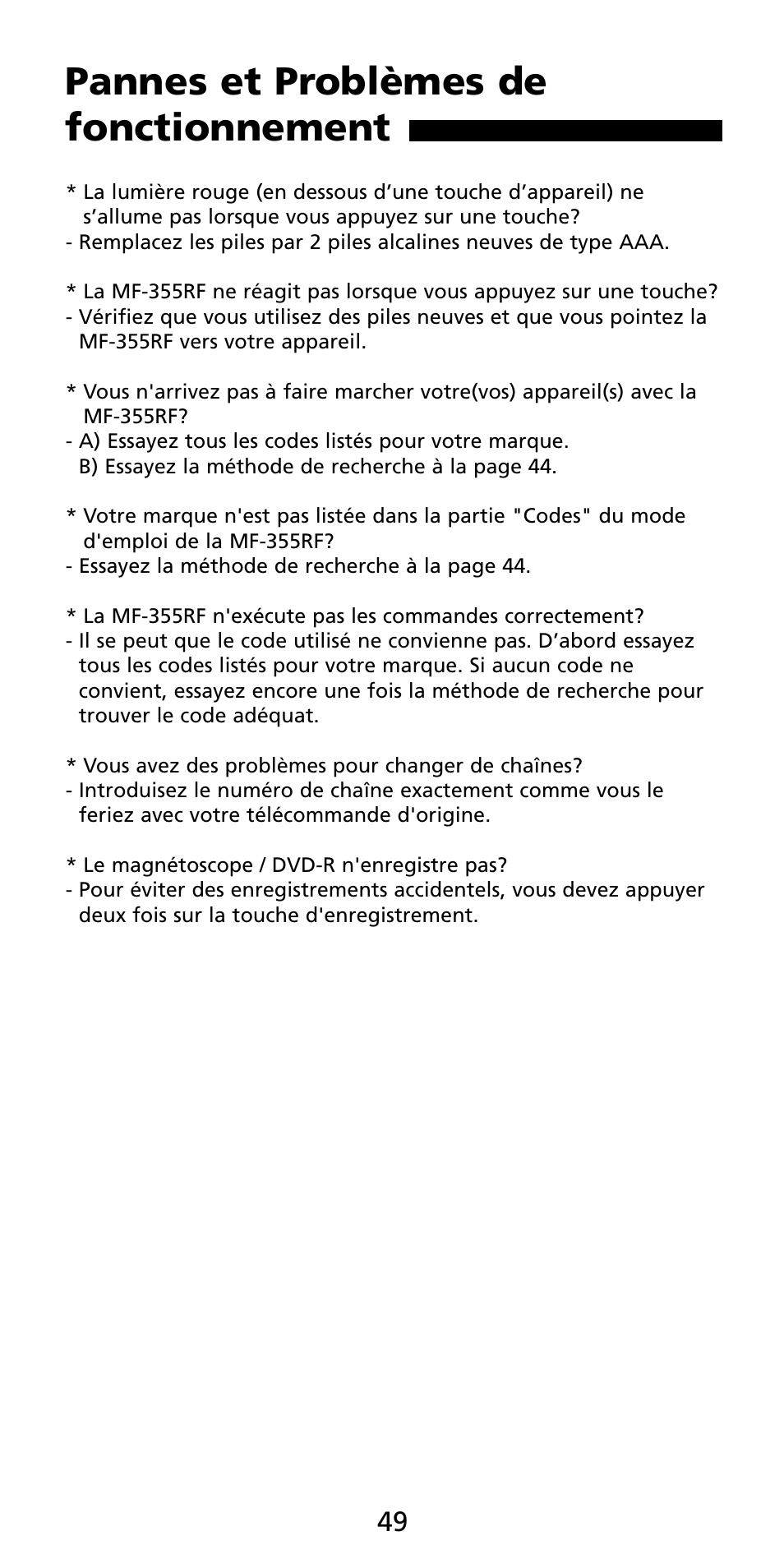 Pannes et problèmes de fonctionnement | Aiwa MF 355RF User Manual | Page 50 / 74
