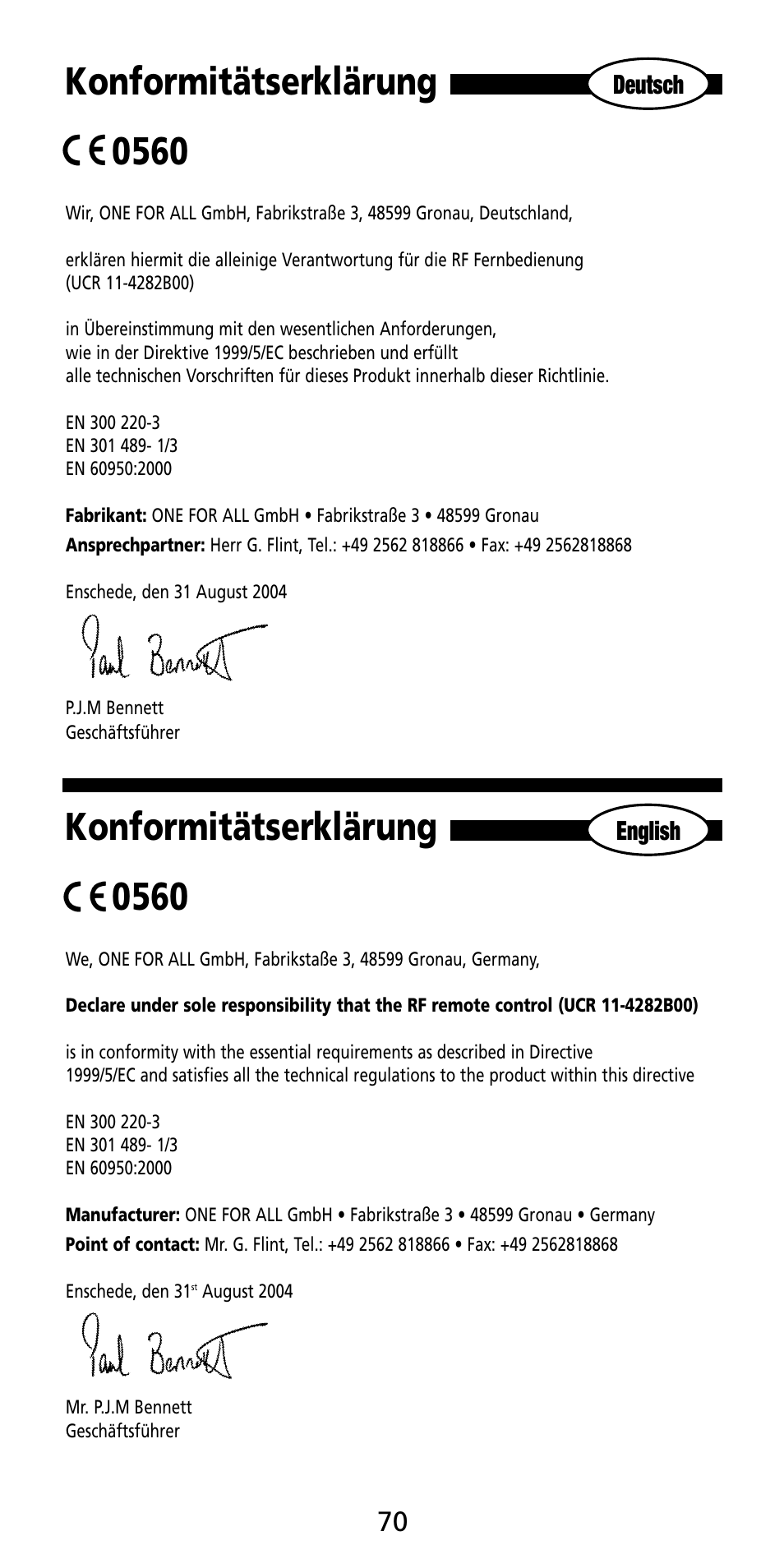 Konformitätserklärung 0560 | Aiwa MF 355RF User Manual | Page 71 / 74