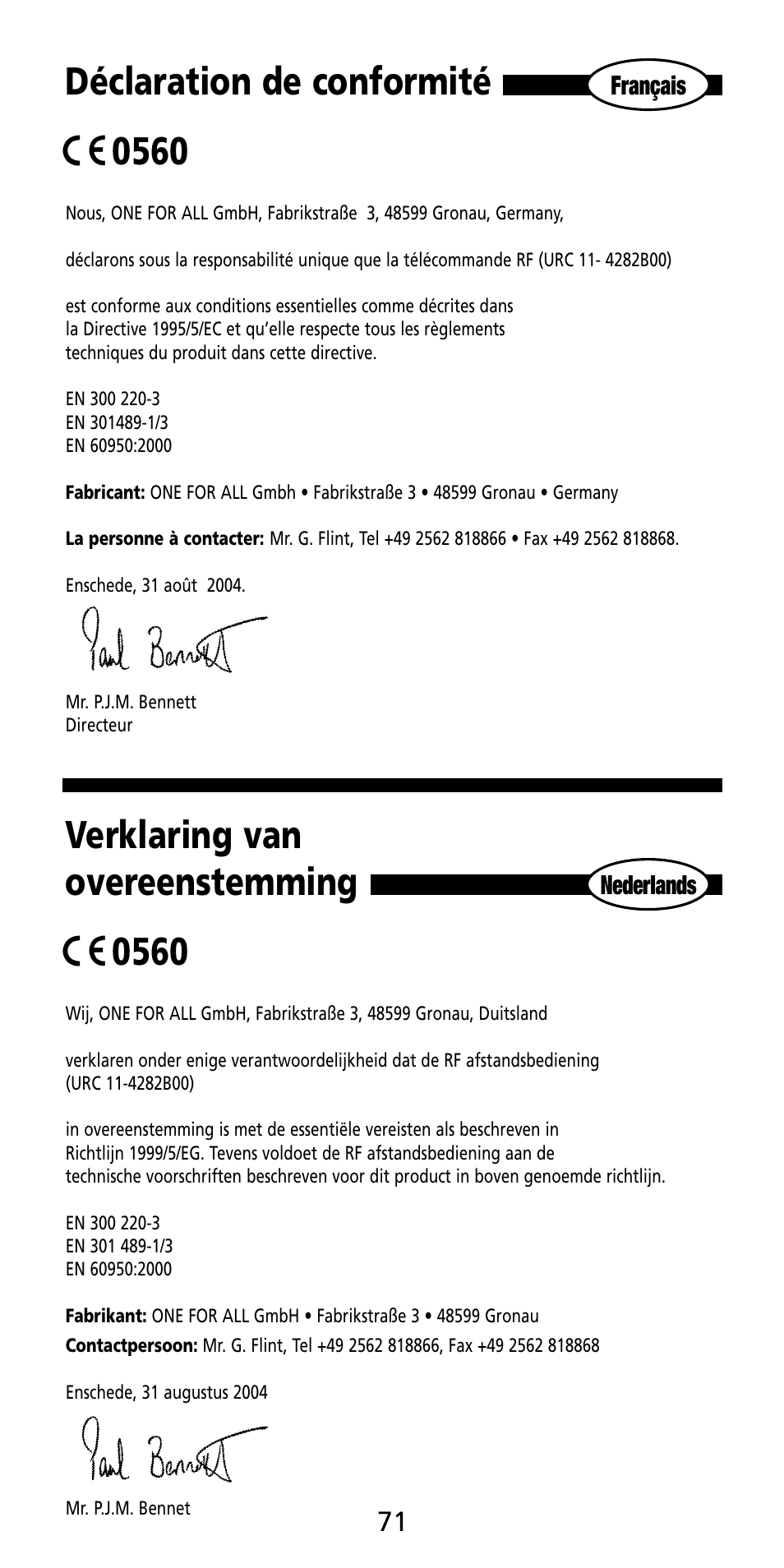 Déclaration de conformité 0560, Verklaring van overeenstemming 0560 | Aiwa MF 355RF User Manual | Page 72 / 74