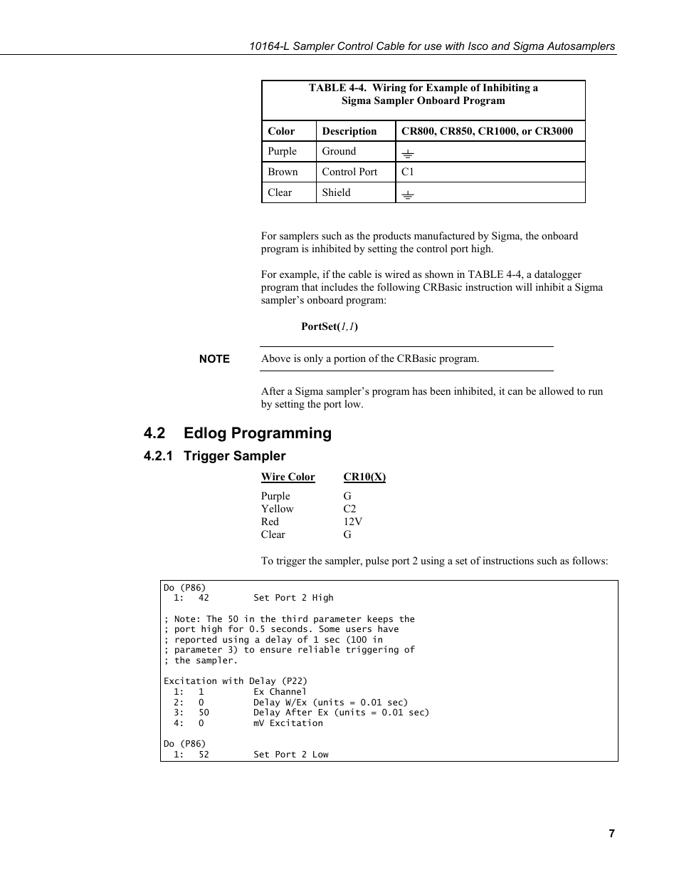 2 edlog programming, 1 trigger sampler, Edlog programming | Trigger sampler, Program | Campbell Scientific 10164-L Water Sampler Control Cable for use with Isco and Sigma Autosamplers User Manual | Page 13 / 18