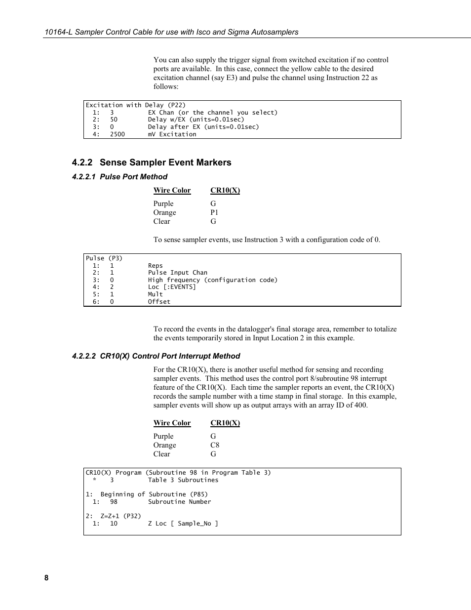 2 sense sampler event markers, 1 pulse port method, 2 cr10(x) control port interrupt method | Sense sampler event markers, Pulse port method, Cr10(x) control port interrupt method | Campbell Scientific 10164-L Water Sampler Control Cable for use with Isco and Sigma Autosamplers User Manual | Page 14 / 18