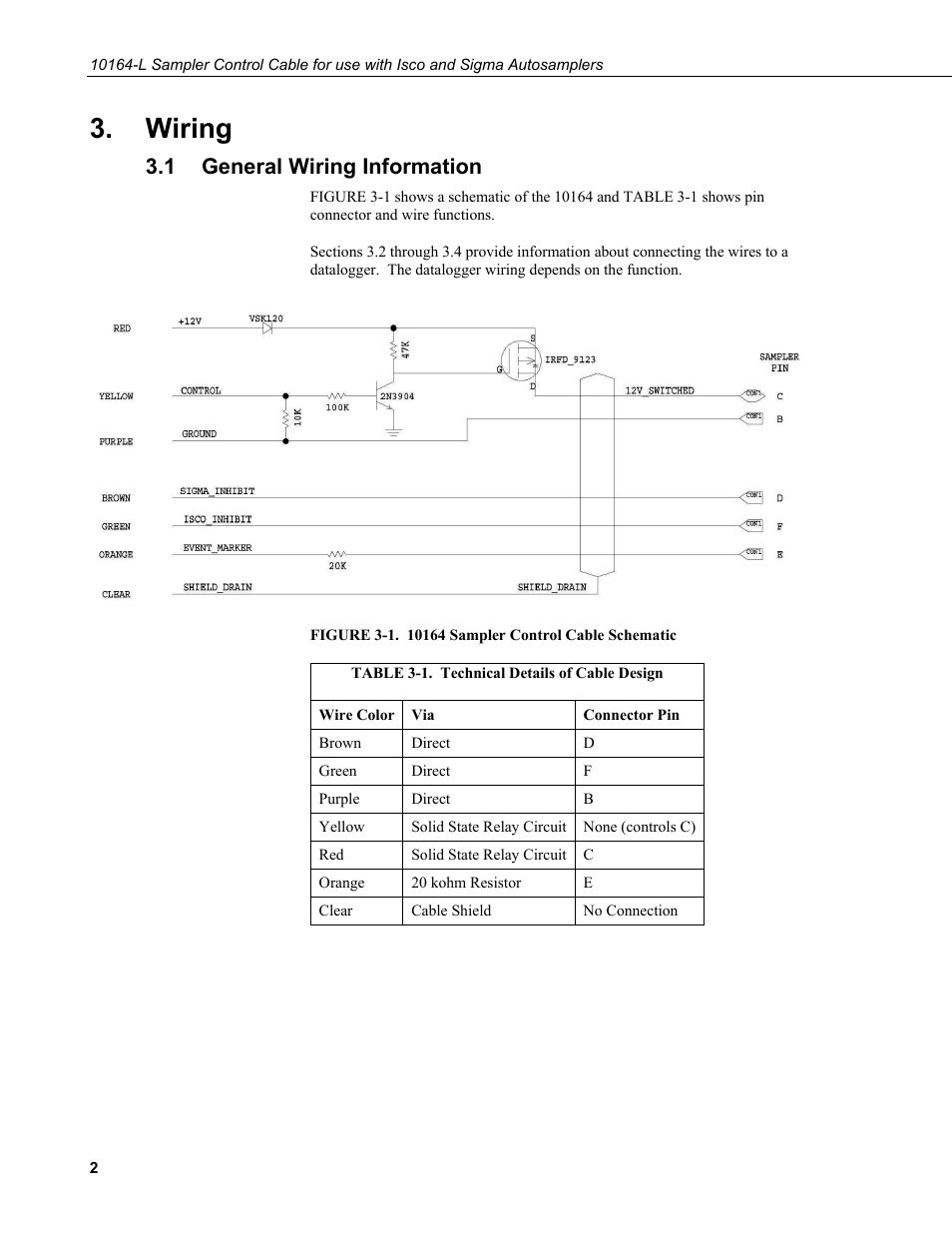 Wiring, 1 general wiring information, General wiring information | 1. 10164 sampler control cable schematic, 1. technical details of cable design | Campbell Scientific 10164-L Water Sampler Control Cable for use with Isco and Sigma Autosamplers User Manual | Page 8 / 18