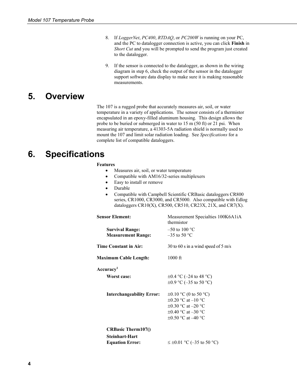 Overview, Specifications | Campbell Scientific 107-L Temperature Probe User Manual | Page 10 / 28