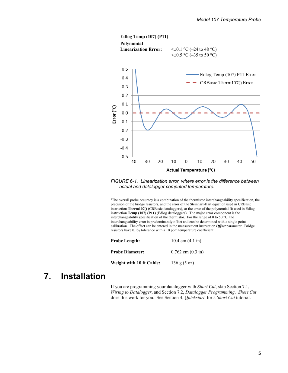 Installation, And datalogger computed temperature | Campbell Scientific 107-L Temperature Probe User Manual | Page 11 / 28