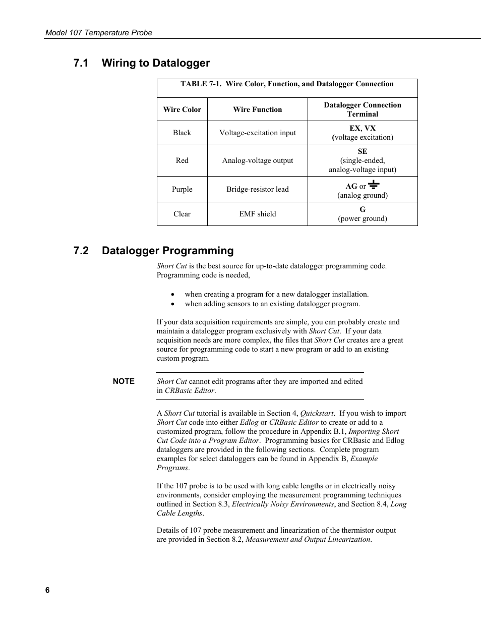 1 wiring to datalogger, 2 datalogger programming, Wiring to datalogger | Datalogger programming, 1. wire color, function, and datalogger connection | Campbell Scientific 107-L Temperature Probe User Manual | Page 12 / 28