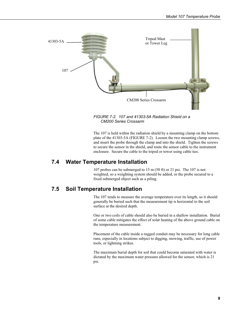 4 water temperature installation, 5 soil temperature installation, Water temperature installation | Soil temperature installation | Campbell Scientific 107-L Temperature Probe User Manual | Page 15 / 28