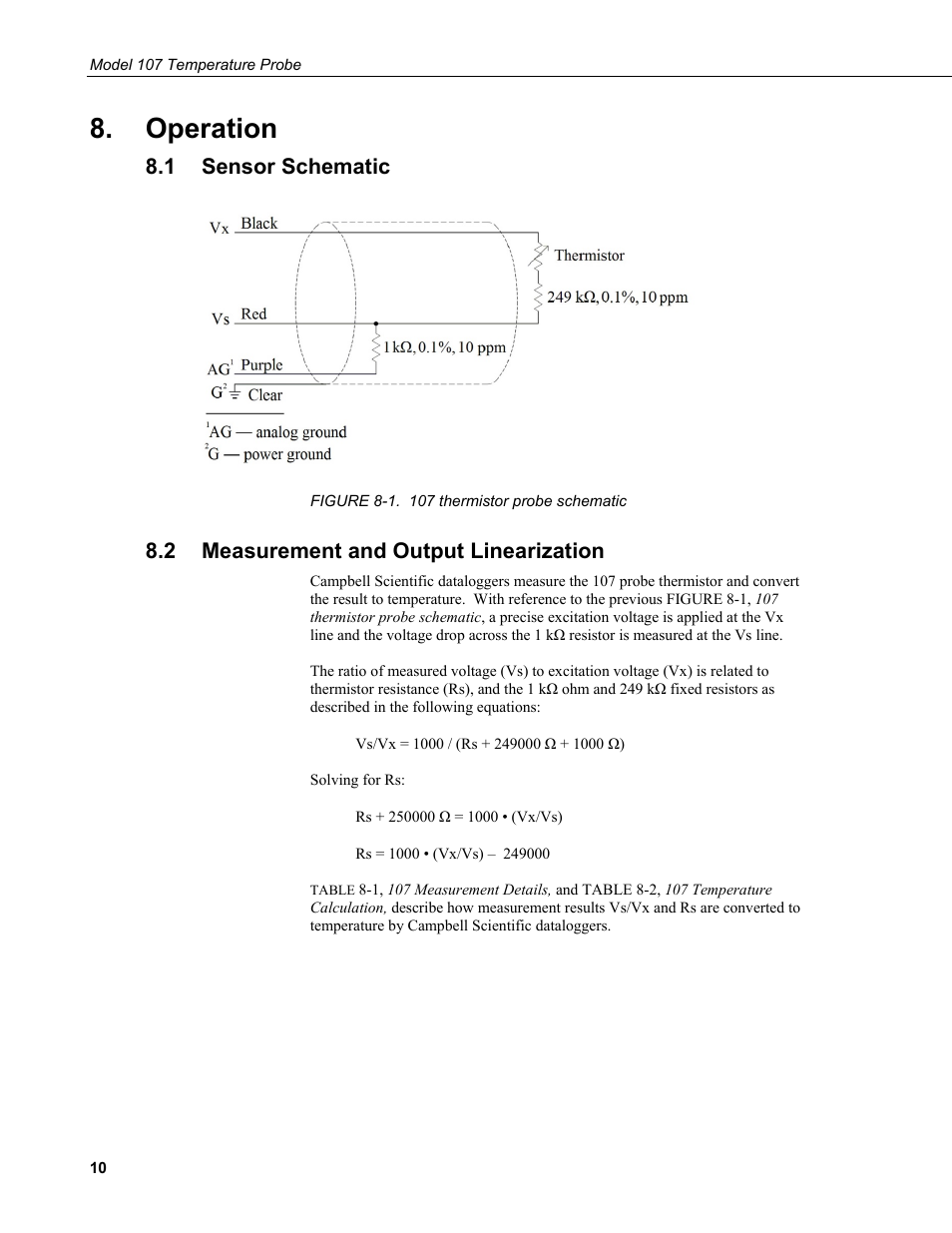 Operation, 1 sensor schematic, 2 measurement and output linearization | Sensor schematic, Measurement and output linearization, 1. 107 thermistor probe schematic, N 8.2 | Campbell Scientific 107-L Temperature Probe User Manual | Page 16 / 28